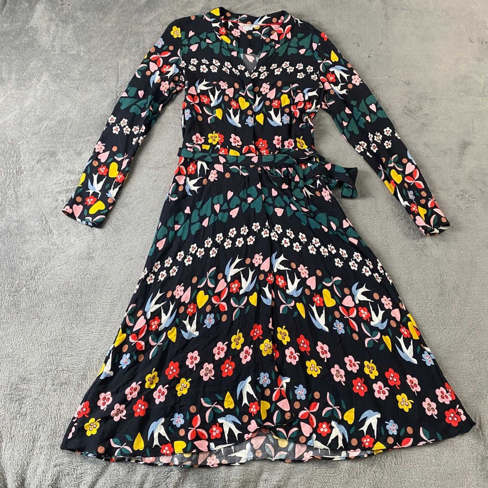 Boden Jessica Midi Dress Womens 6 Black Folklore Print Heart Long Sleeve Belted